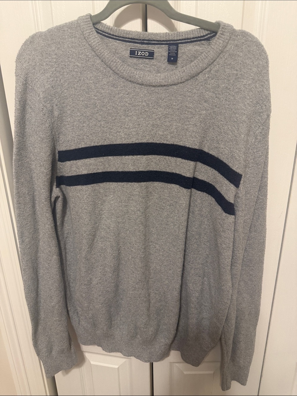 IZOD Gray Crewneck Sweater with Navy Chest Stripes